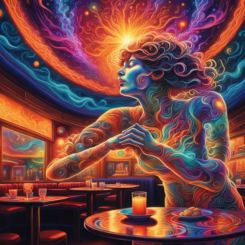 Surreal Cosmic Waitress in Dimly Lit Eatery