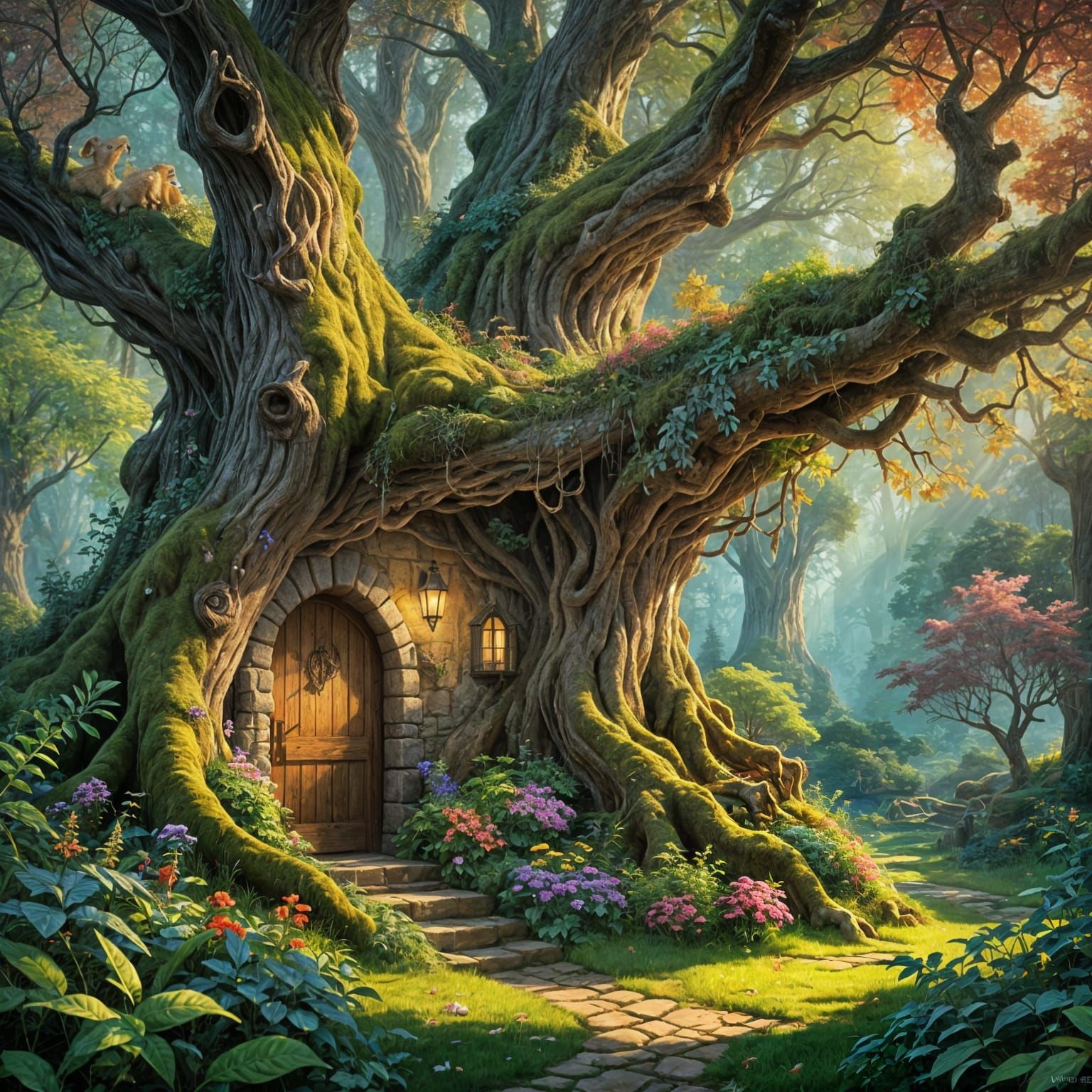 Mysterious Glowing Doorway in Ancient Tree: Oil Painting