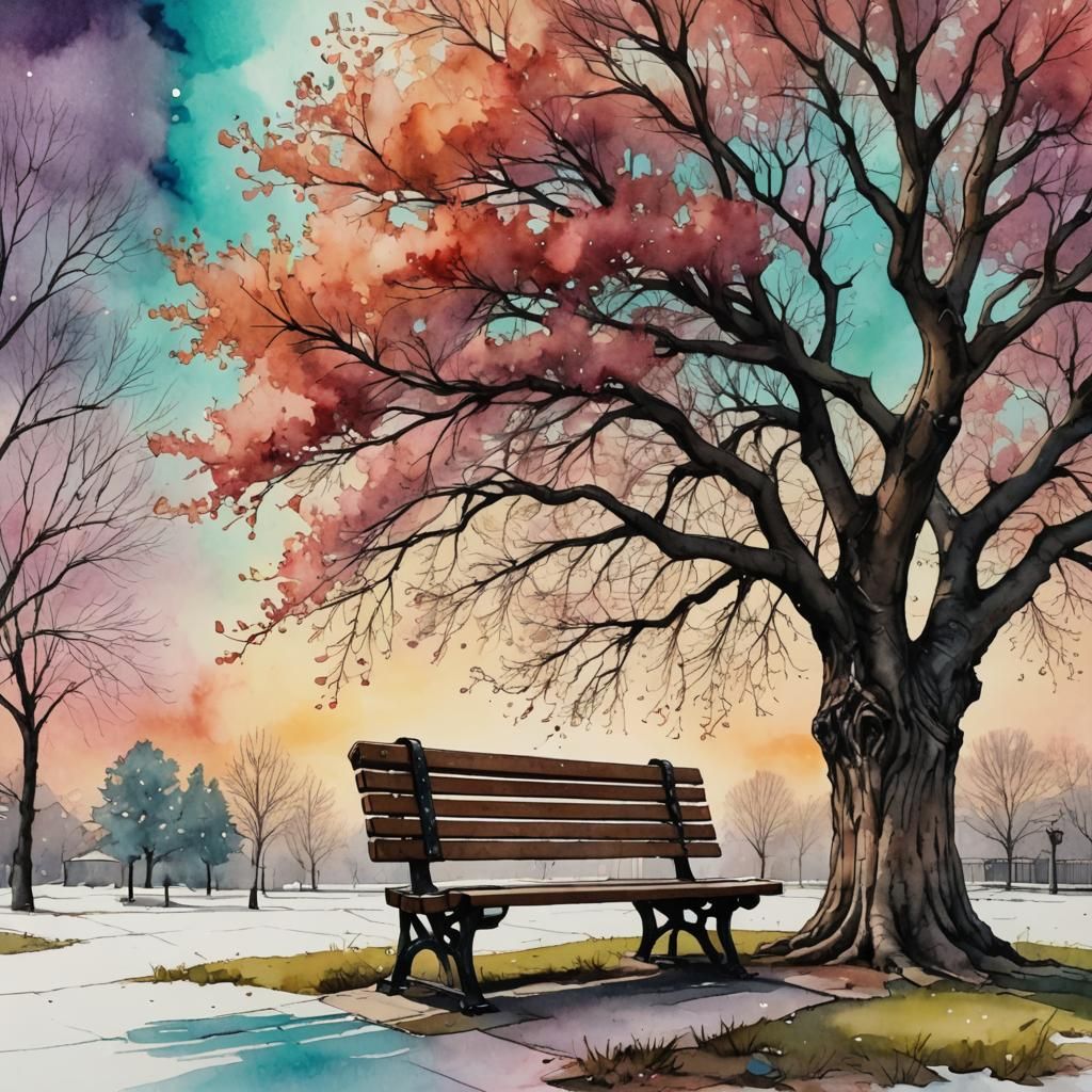 Winter Tree and Park Bench in Watercolor Style