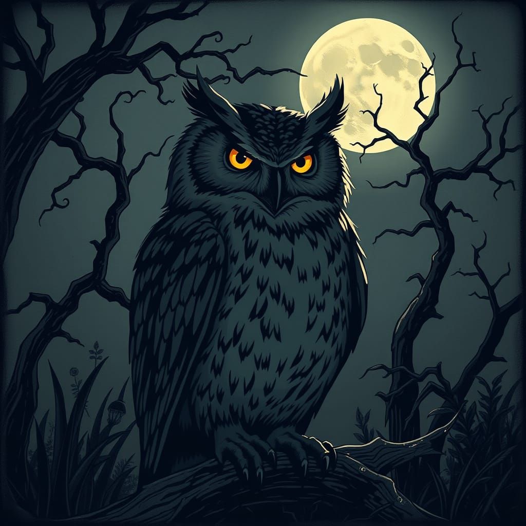 Gothic Duolingo Owl in a Dark, Moonlit Forest