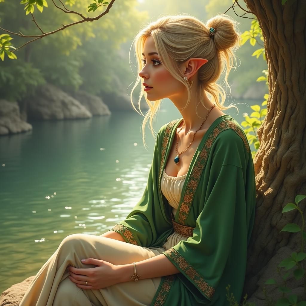 Halfling Contemplation by Fantasy River in Art Nouveau Style