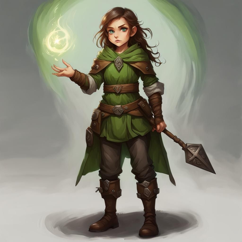 Halfling Rogue Cleric with Brown Hair and Green Eyes