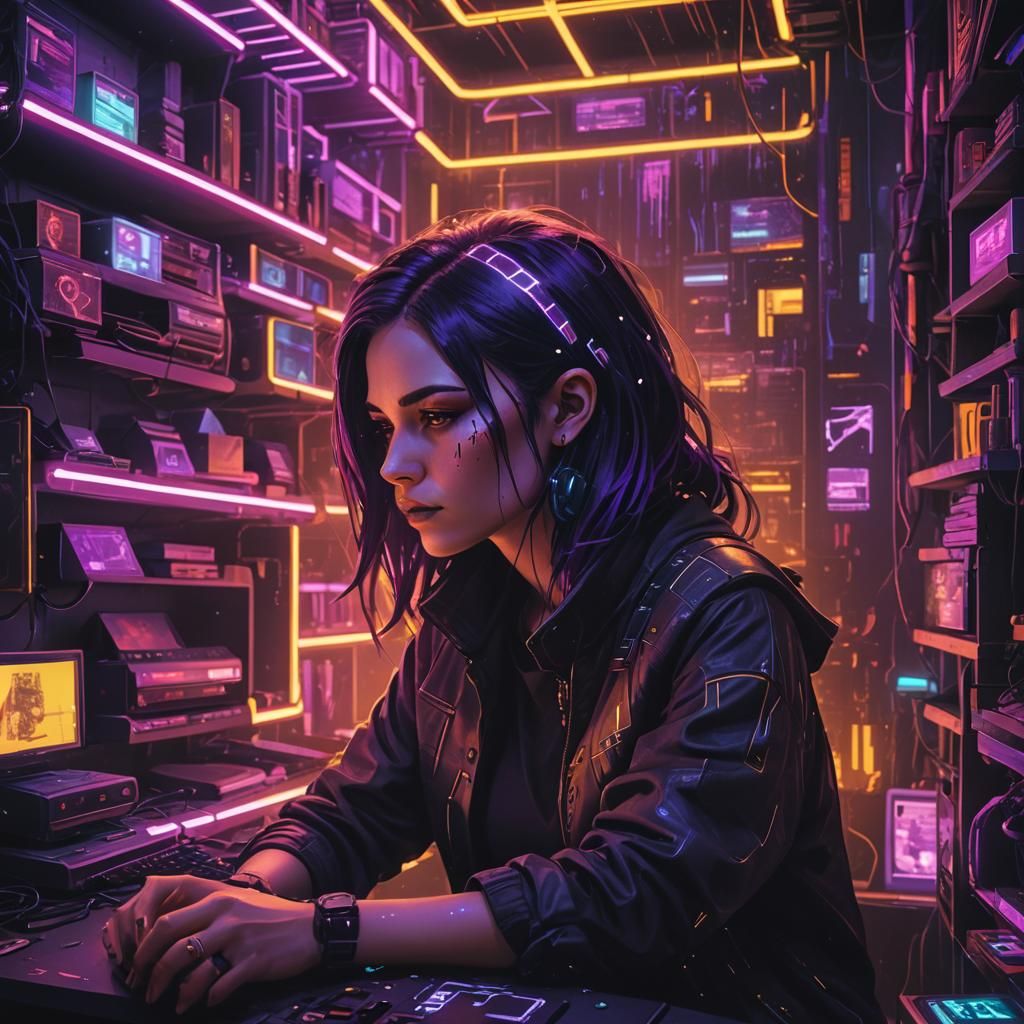 Cyberpunk Woman in Neon-Lit Apartment