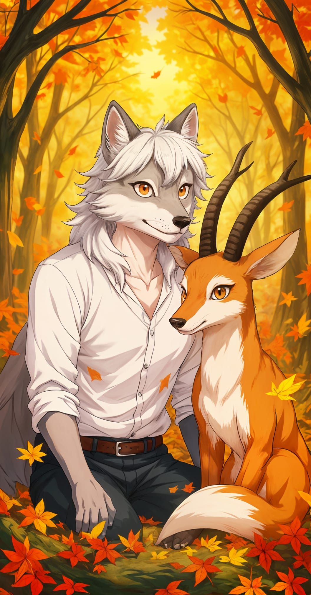 Anime Animals Play in Autumn Forest