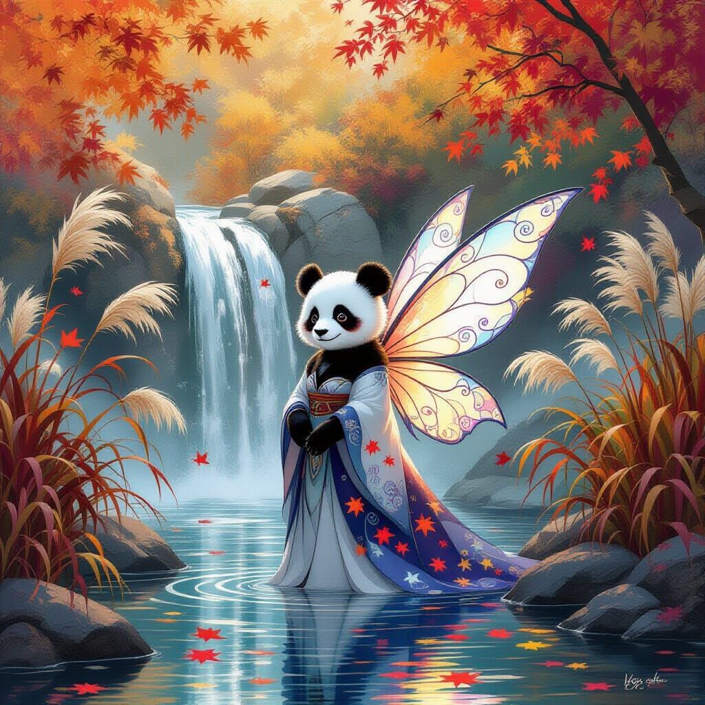 Panda Fairy by Waterfall in Autumn Forest