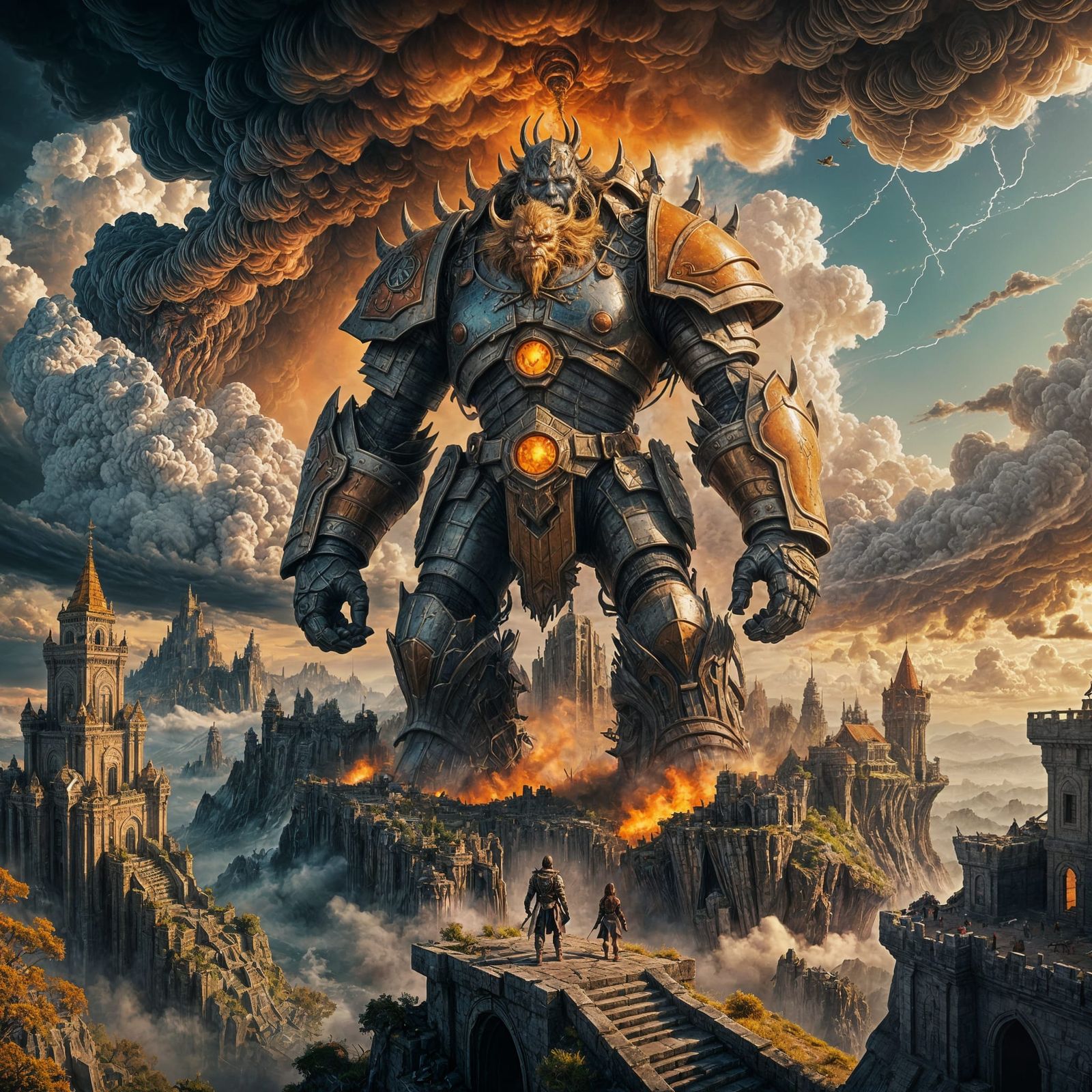 Sad Storm Giant in Tattered Armor Over Ruined Kingdom