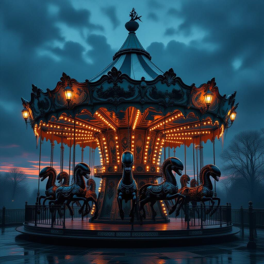 Gothic Carousel with Xenomorphs in Stormy Twilight