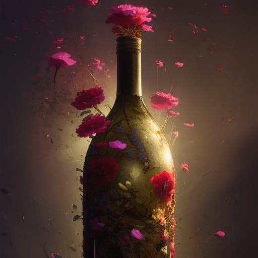 Wine Bottle Bursting with Flowers: Dark Fantasy Art