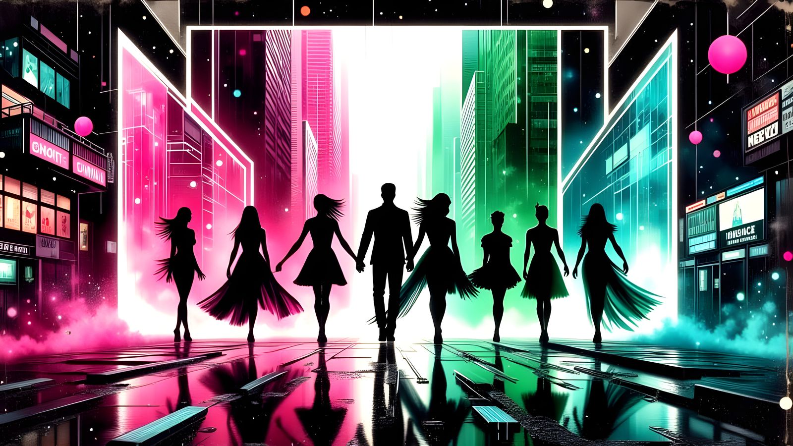 Ethereal Shadow Dancers in Art Deco Cityscape