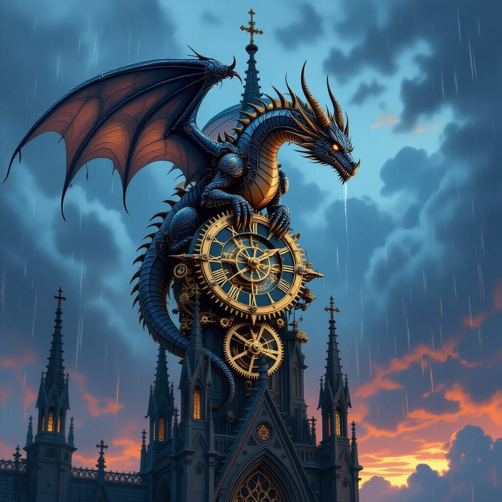 Clockwork Dragon on Gothic Spire in Stormy Twilight