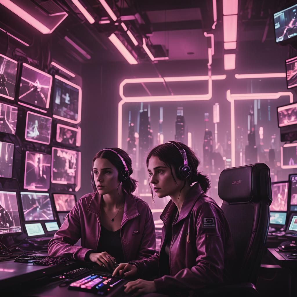 Gamer in Neon Cityscape: a Cinematic Film Still