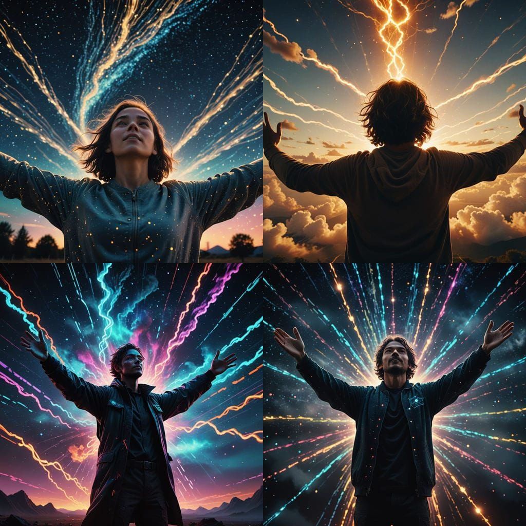 Silhouette with Outstretched Arms and Cosmic Energy