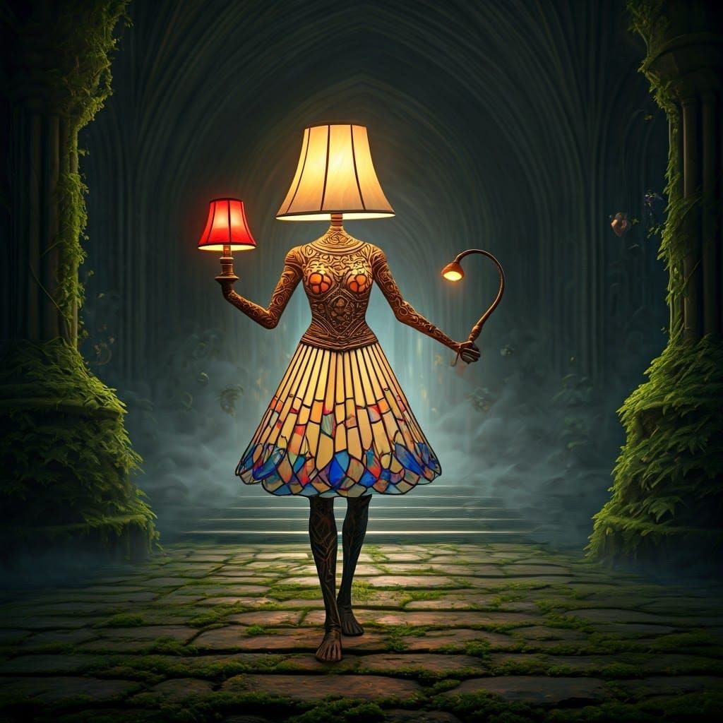 Mystical Anthropomorphic Lamp with Stained-Glass Skirt