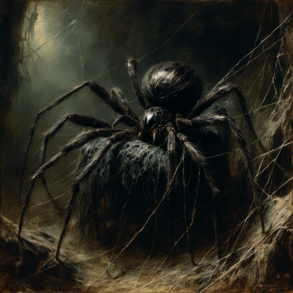 Eight-Legged Spider in Web, Macabre Horror Art