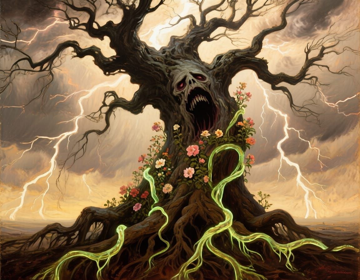 Haunted Tree Choked by Flowers, in Impasto Oil