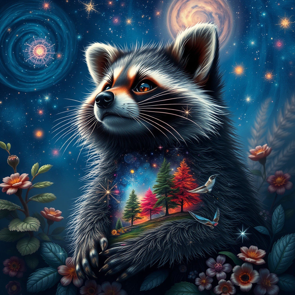 Cosmic Raccoon Gazing at Starry Sky in Hyperrealism