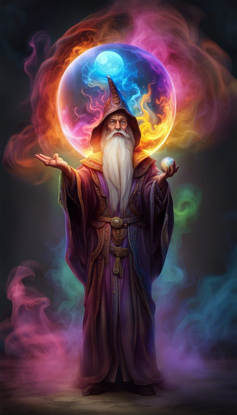 Wizard with Reflective Orb of Colorful Smoke