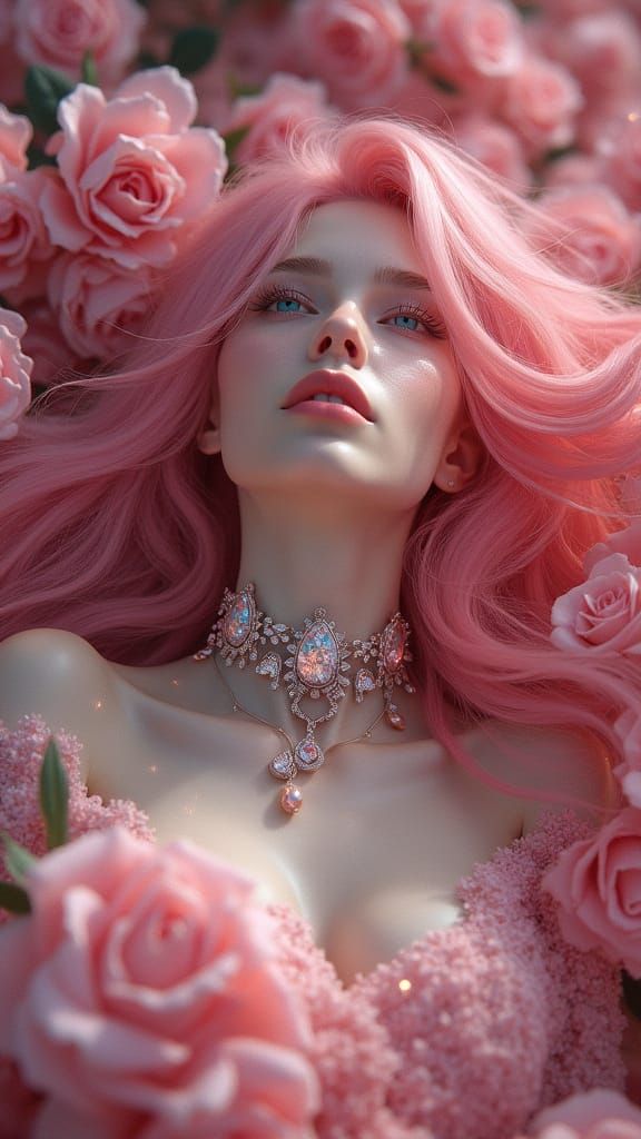 Enchantress Reclining Amidst Roses in Crimson Light