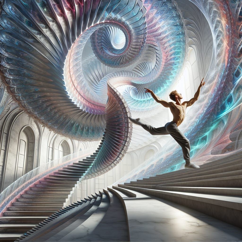 Surreal Dancer on Iridescent Fractal Staircase