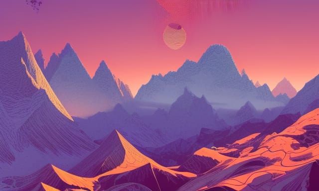 Sunset Mountain Ranges in Detailed Ink Drawing Style