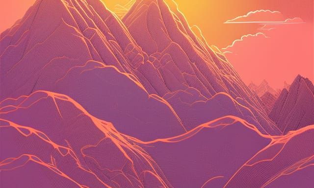Sunset Mountainscape with Ink Drawing Details