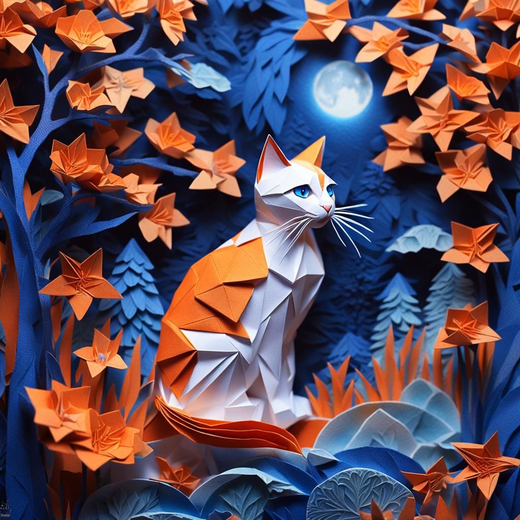 Origami Cat in Moonlit Garden: Digital Art