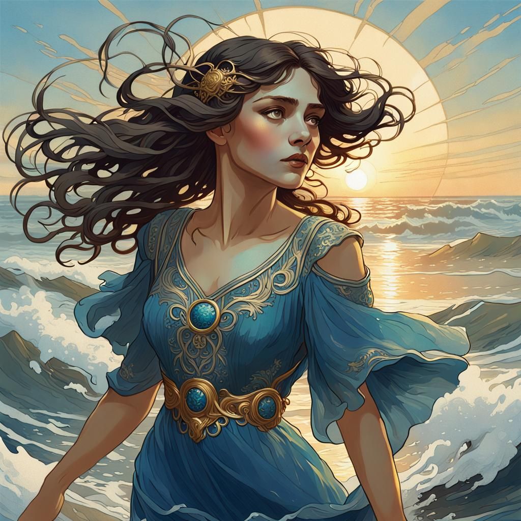 Brunette Woman Emerges from the Sea: Art Nouveau