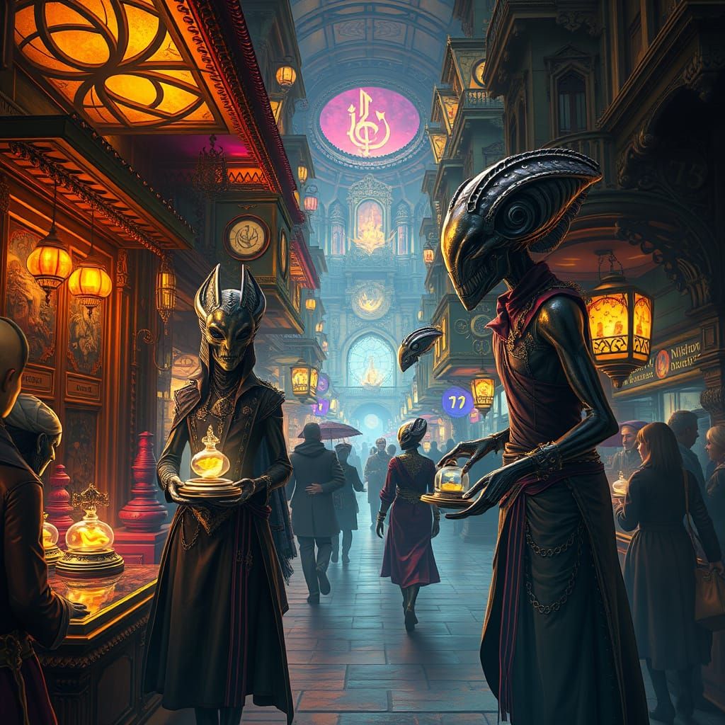 Alien Merchants in Floating Bazaars, Hyperdetailed Fantasy A...