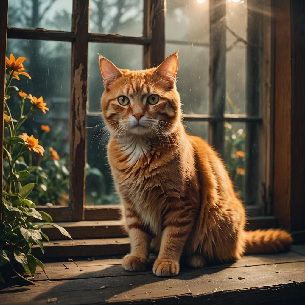 Orange Cat Gazing at Misty Moonlit Garden