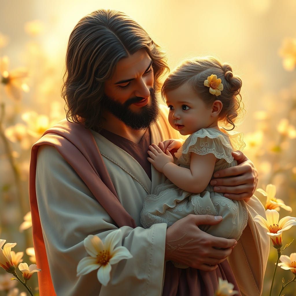 Jesus and Baby Girl in Whimsical Floral Scene