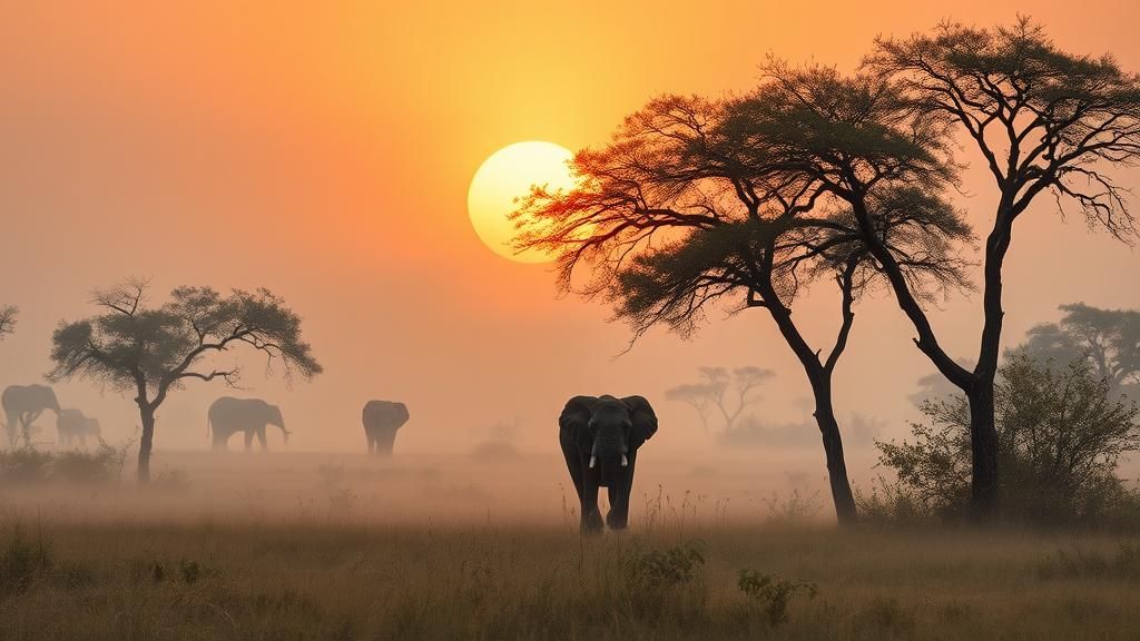 Elephant in Misty Savannah: Warm Light Oil Painting