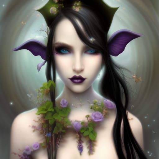 Ethereal elf young lady with long black hair& green eyes& black eyeshadow & black lipstick& purple skin with a shimmery ...