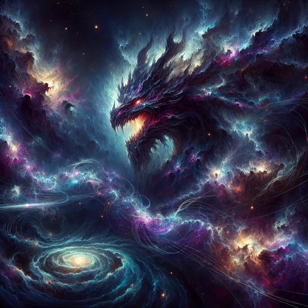 Menacing Space Dragon Among Glowing Nebulae