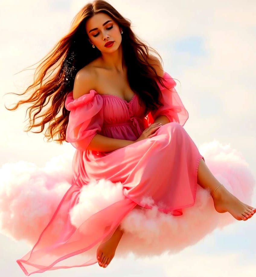 Dreamy Pink Cloud Fantasy with a Woman Sprinkling Fairy Dust