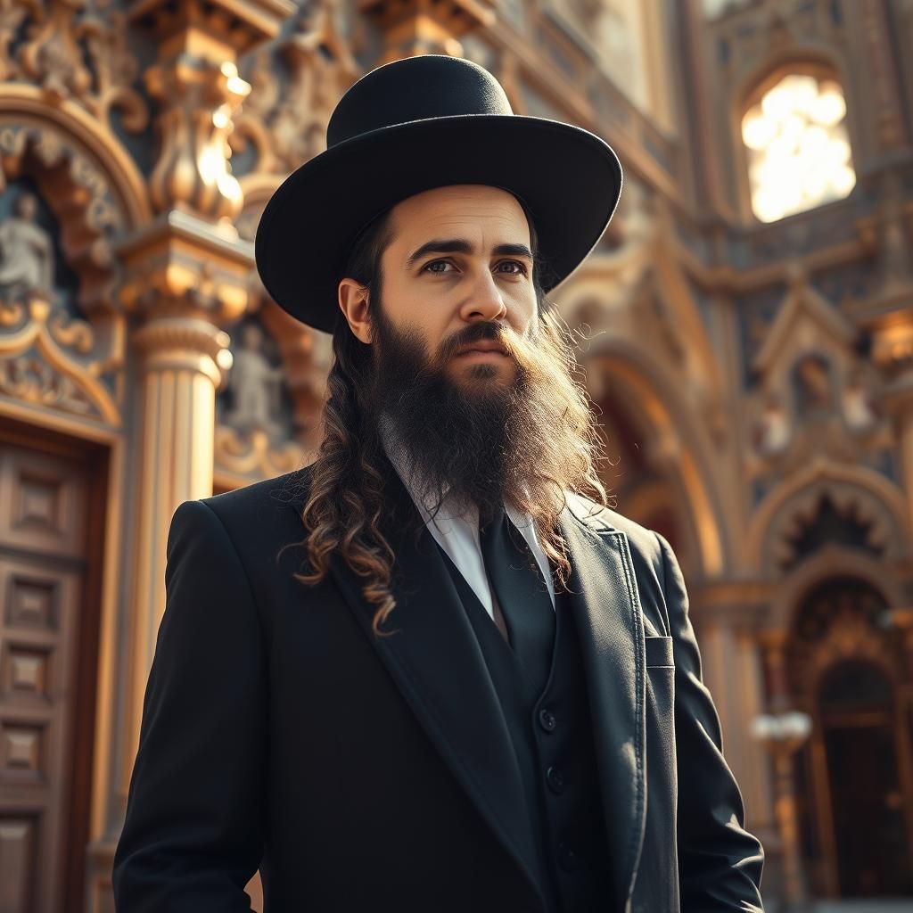 Orthodox Jewish Man in Black Suit Near Synagogue
