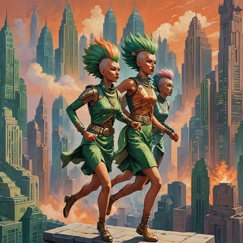 Barsoomian Women Run Atop Marsport Skyscrapers