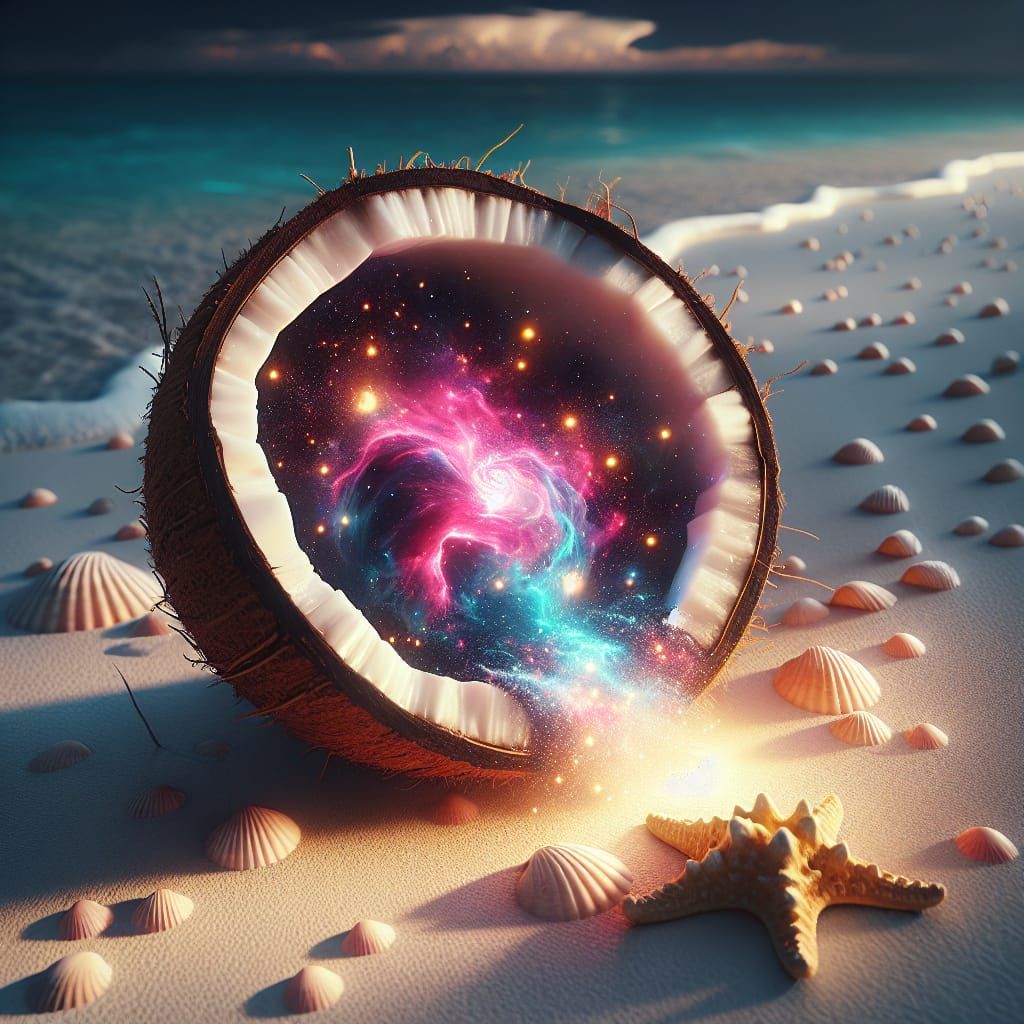 Cosmic Nebula Discovered Inside a Coconut on a Beach