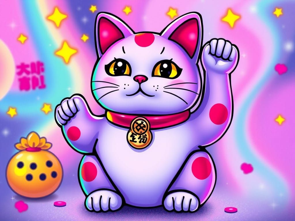 Maneki Neko in Vibrant Lisa Frank Style