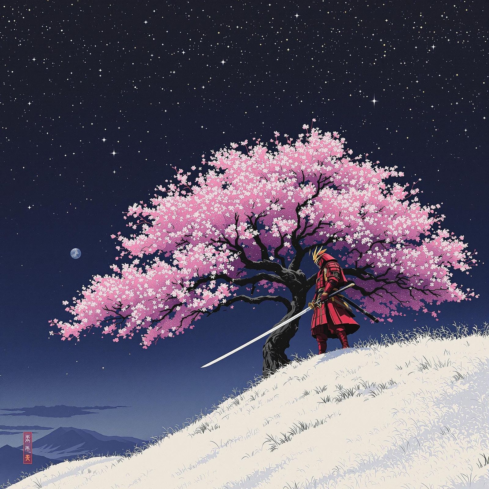 Samurai in Midnight Stance with Sakura Blossom
