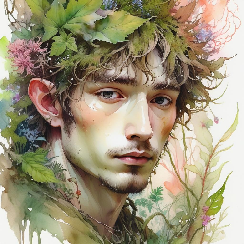 Anime Watercolor Fae Portrait in Mystical Forest
