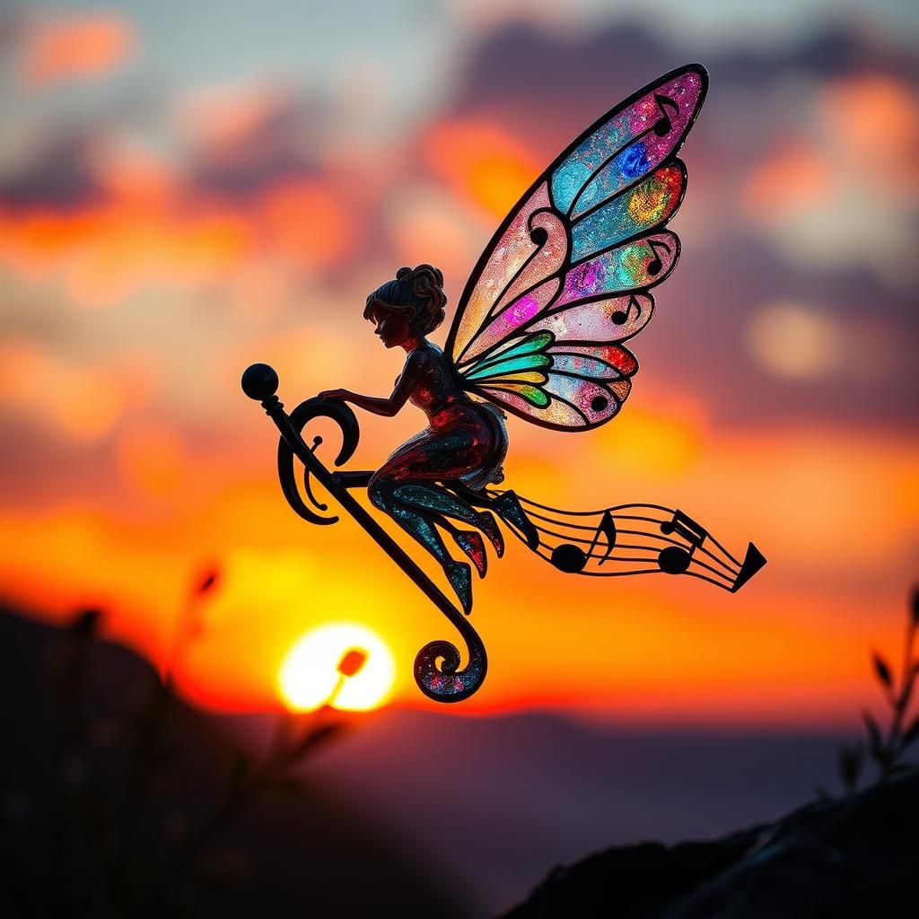 Music Note Fairy in Sunset, Digital Bio Art