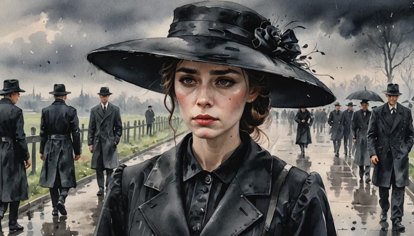 Sorrowful Widow in Black at Funeral: Watercolor Painting