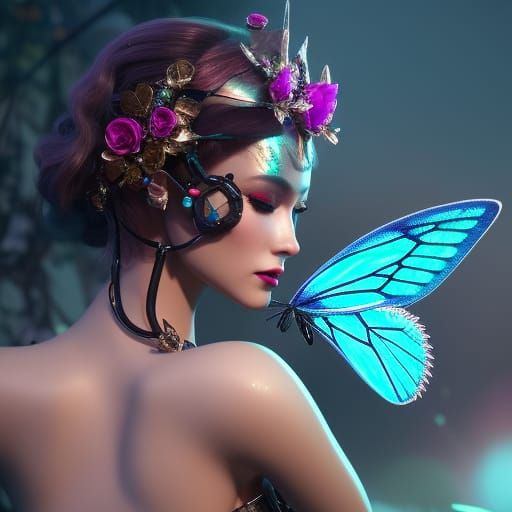 Photorealistic Robot Fairy with Rose Crown