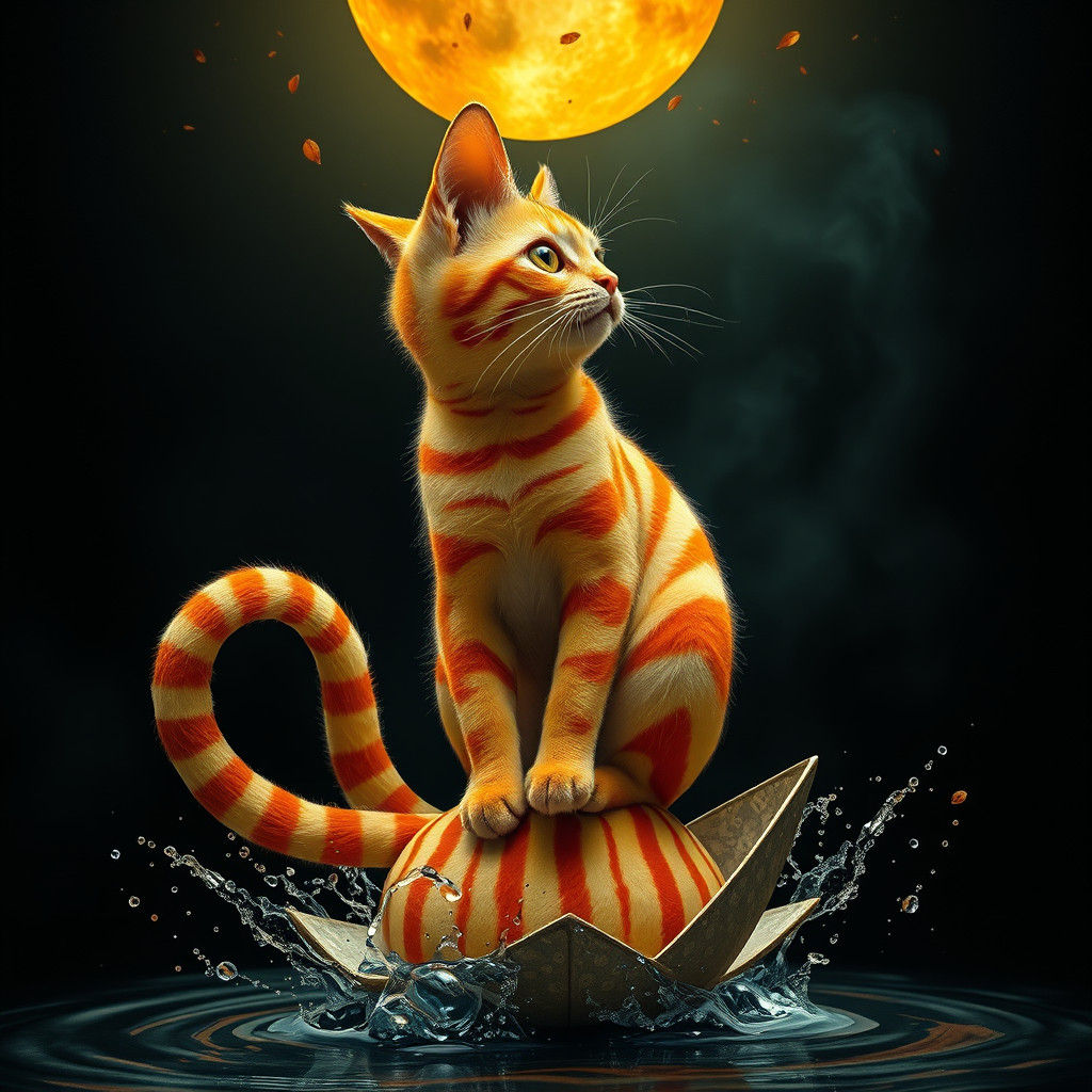 Surreal Striped Cat Balancing: Hyperrealistic Splash Art