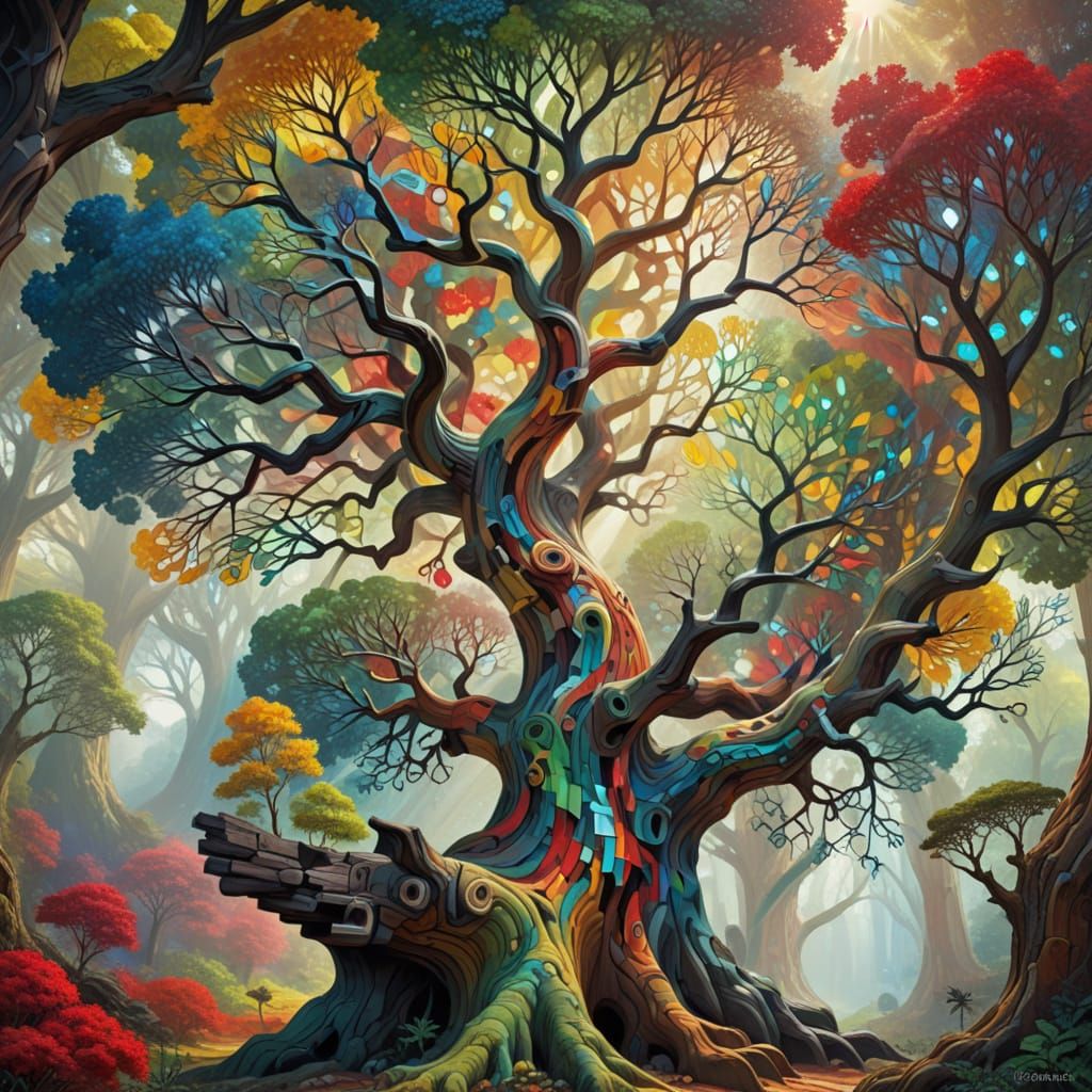 Surreal Geometric Forest Tree in Vibrant Spectrum Colors