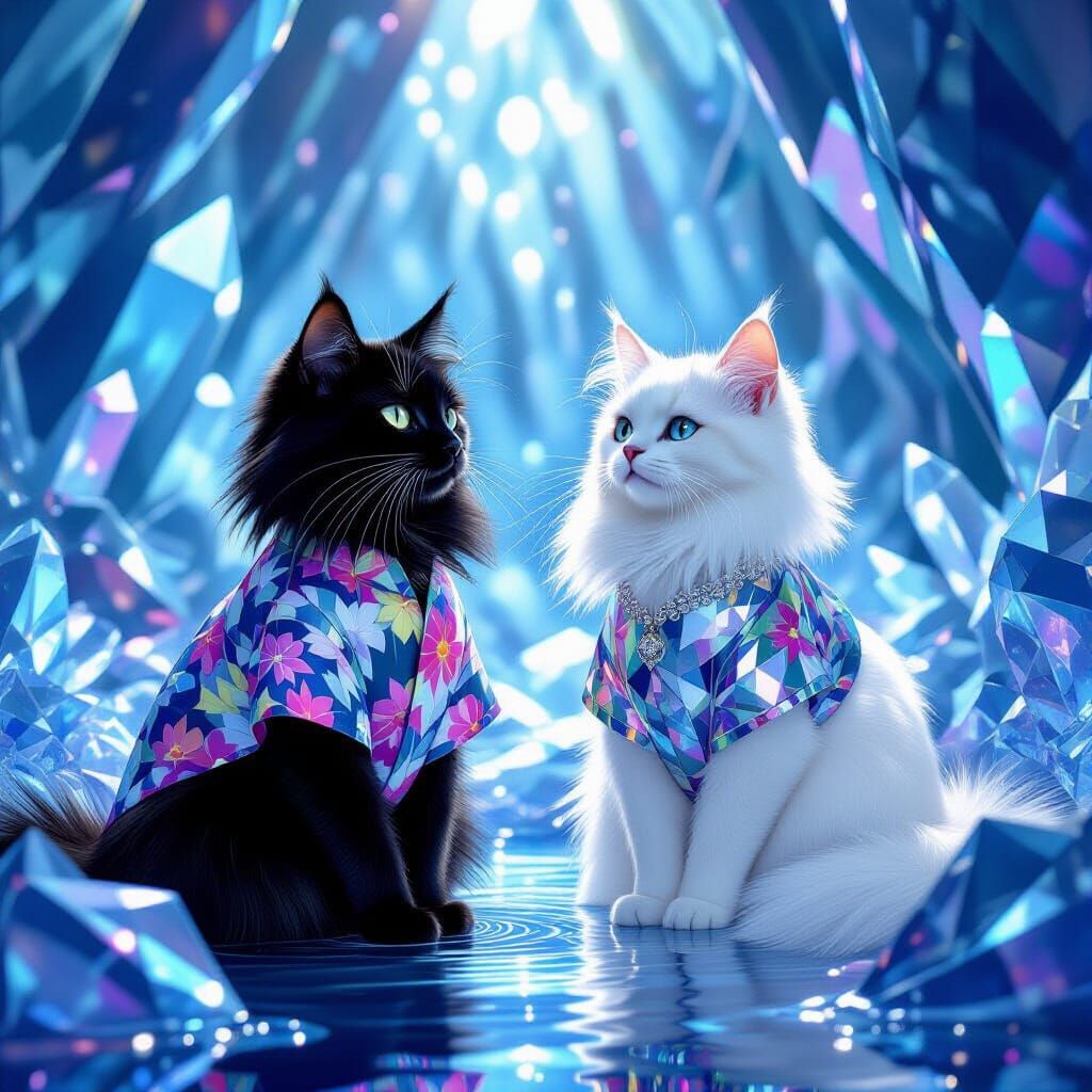 Cats in Unique Outfits in a Crystal World