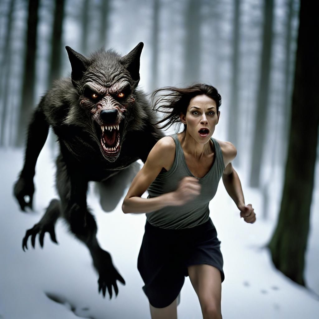 Woman fleeing Werewolf in Forest, Professional Portrait
