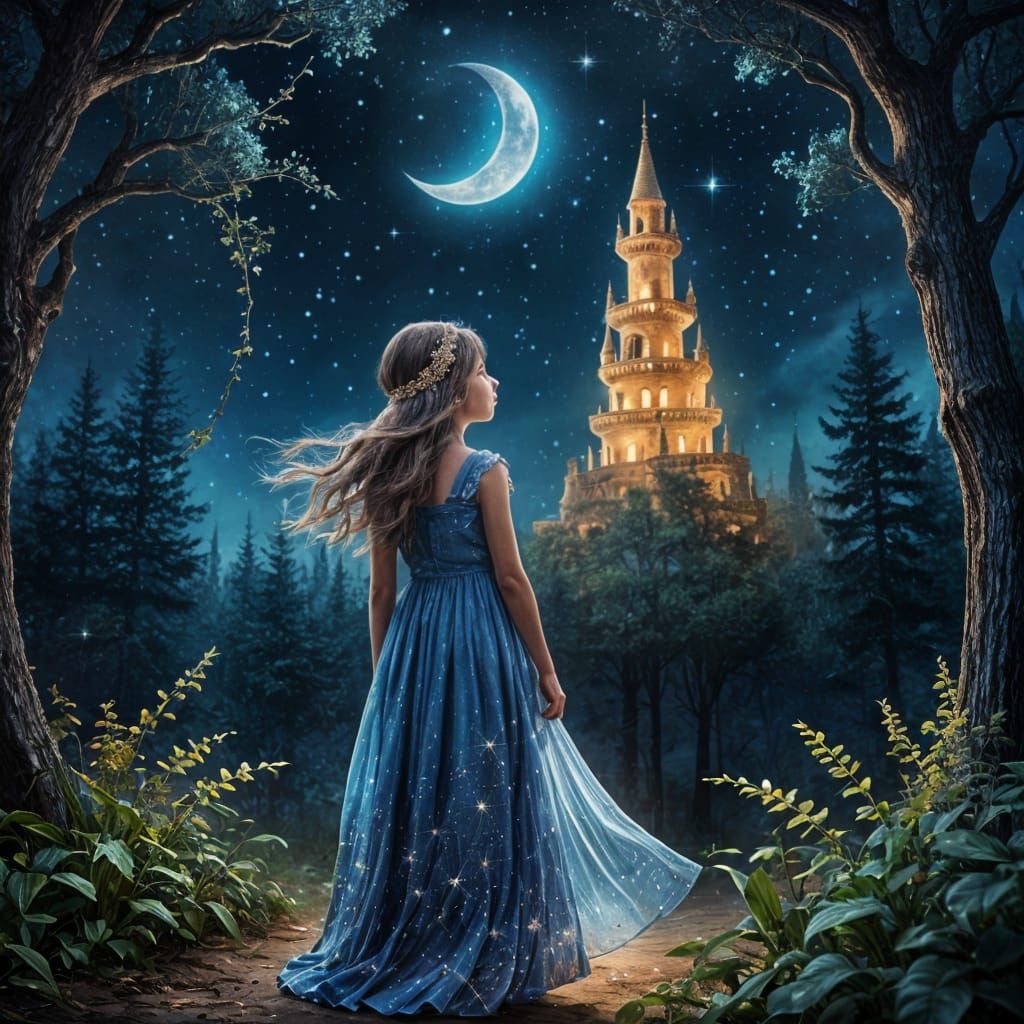 a little girl in a blue nightgown and long nightcap
