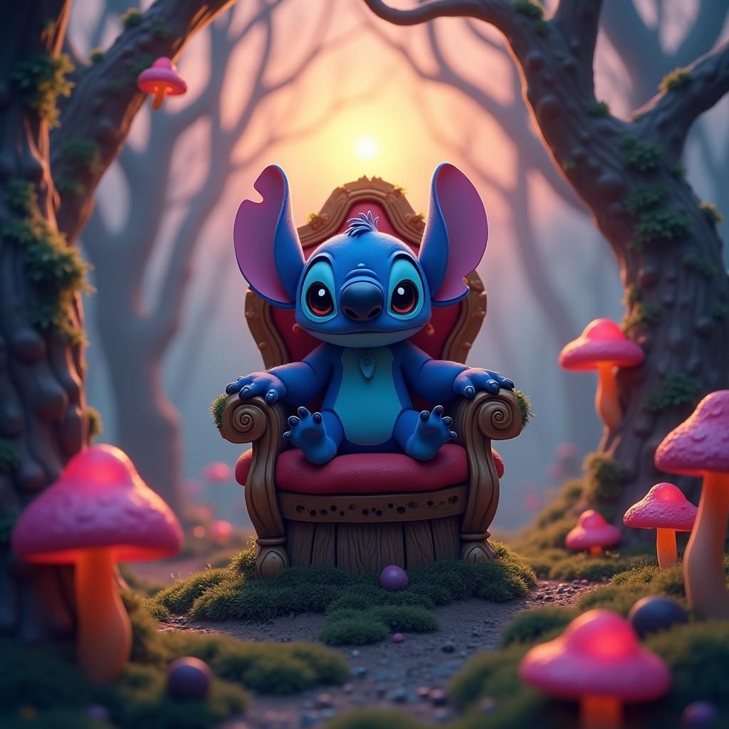 Stitch on Mushroom Throne in Fantasy Forest