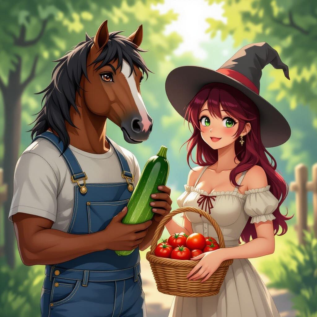 Anime Centaur and Crimson-Haired Woman with Tomatoes